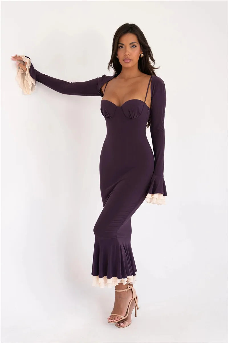 Sweetheart Spaghetti Strap Ruffle Trim Mermaid Midi Dress Two-Piece Set