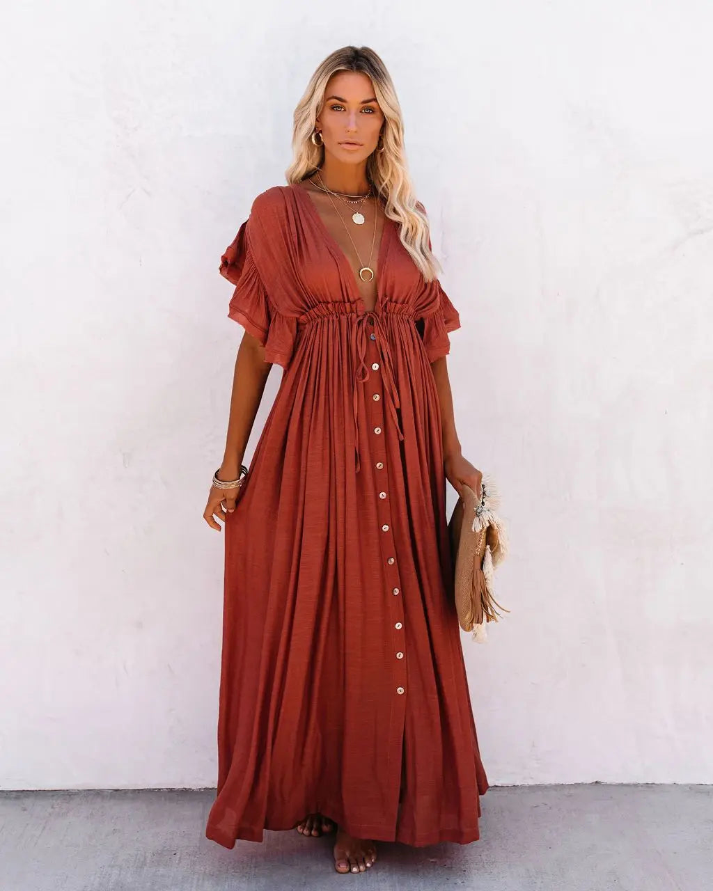 Deep V-Neck Flutter Sleeve Drawstring Button Front Maxi Dress