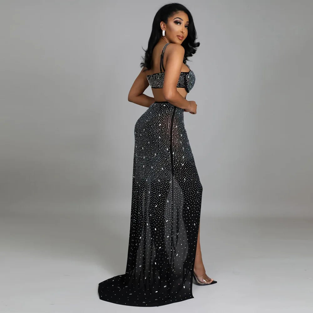 Spaghetti Strap Mesh Black Long Dress - View 4