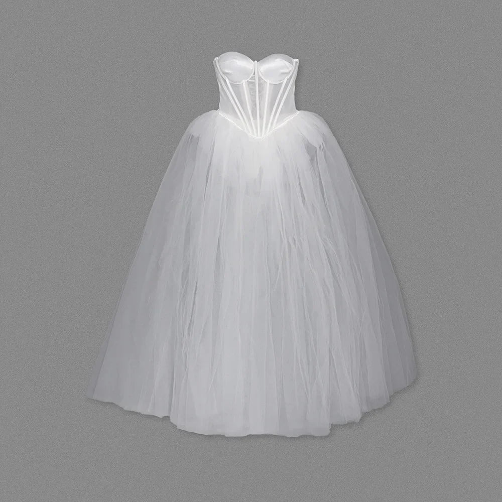 Strapless Mesh White A Line Maxi Long Dress - View 7