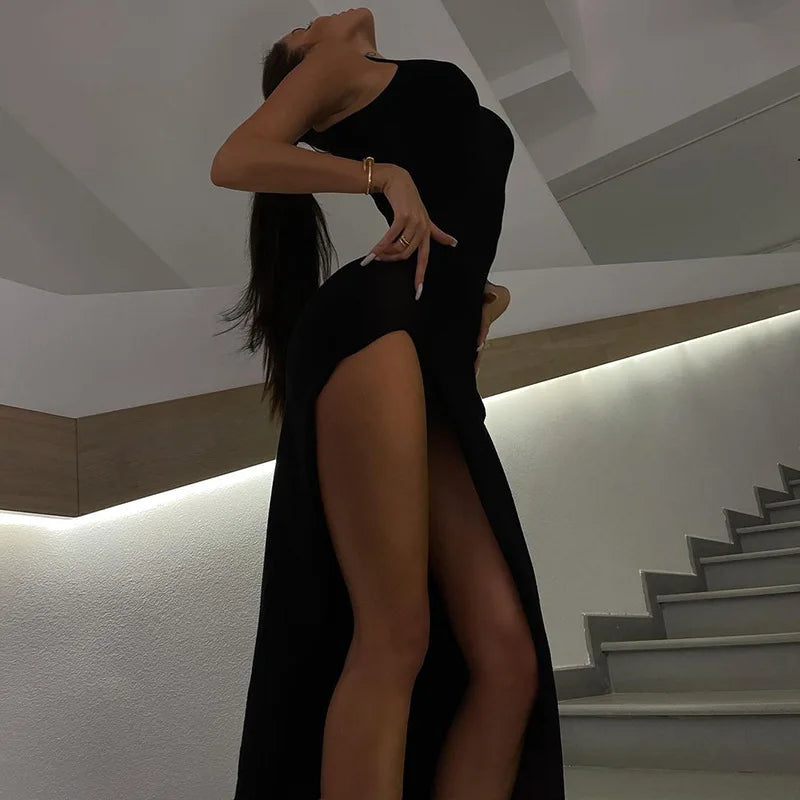 Ribbed Knit Turtleneck Sleeveless High Split Bodycon Maxi Dress