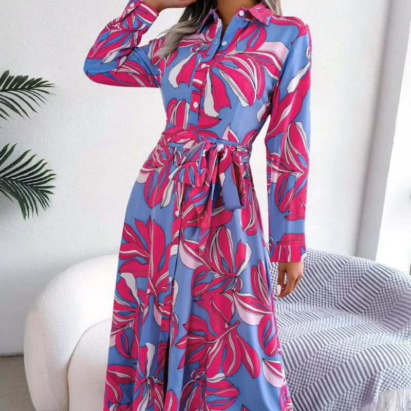 Floral Long Sleeve Belted Button Front Shirt Dress