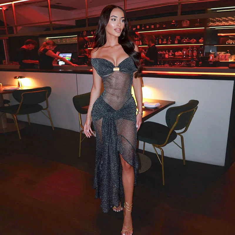 Mesh Ruffled Gray Off - shoulder Long Dress
