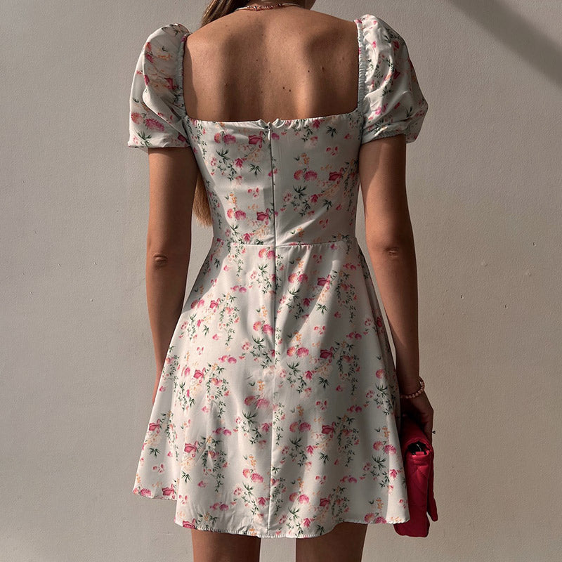 Floral Print Sweetheart Neck Puff Sleeve Button Front Split Mini Dress 8
