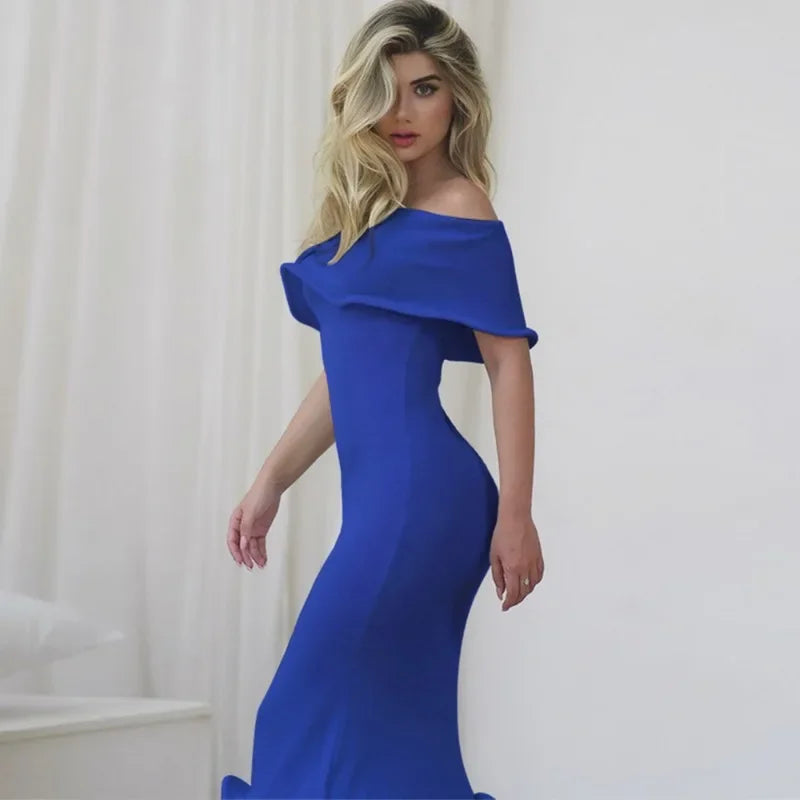 Off Shoulder Fold Over Knit Ruffle Hem Bodycon Midi Dress 5