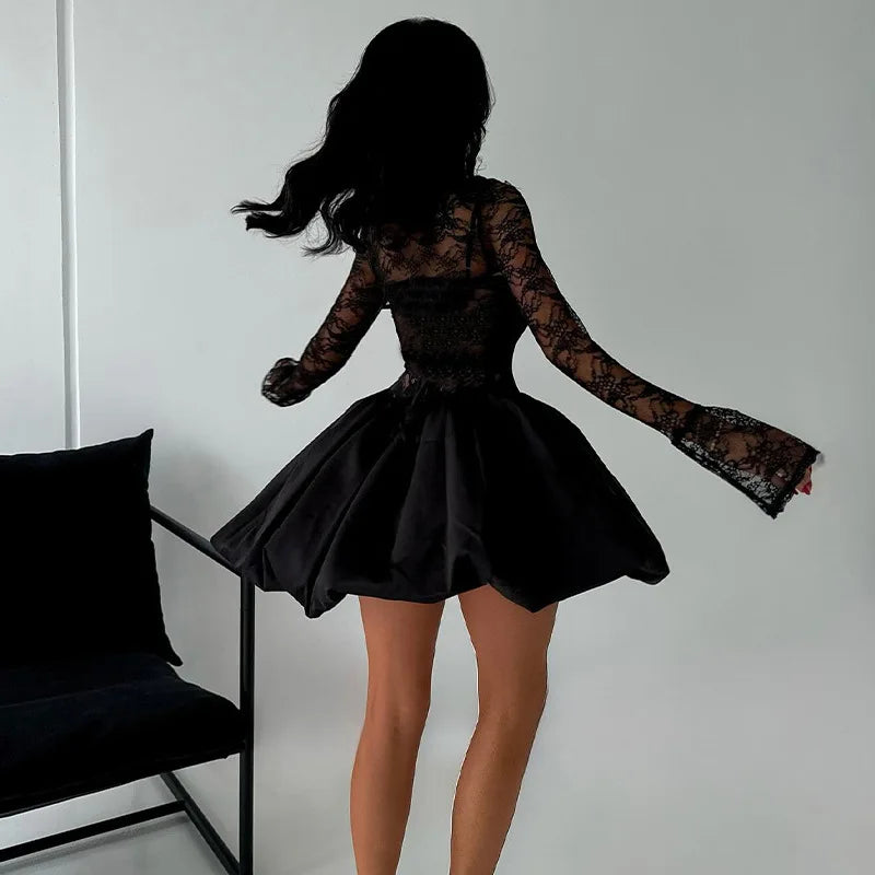 Black Lace Long Sleeve Flare Mini Dress - View 4