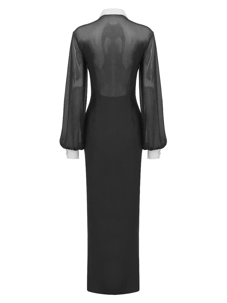 Mesh Long Sleeve Collared Button Front High Split Maxi Gown