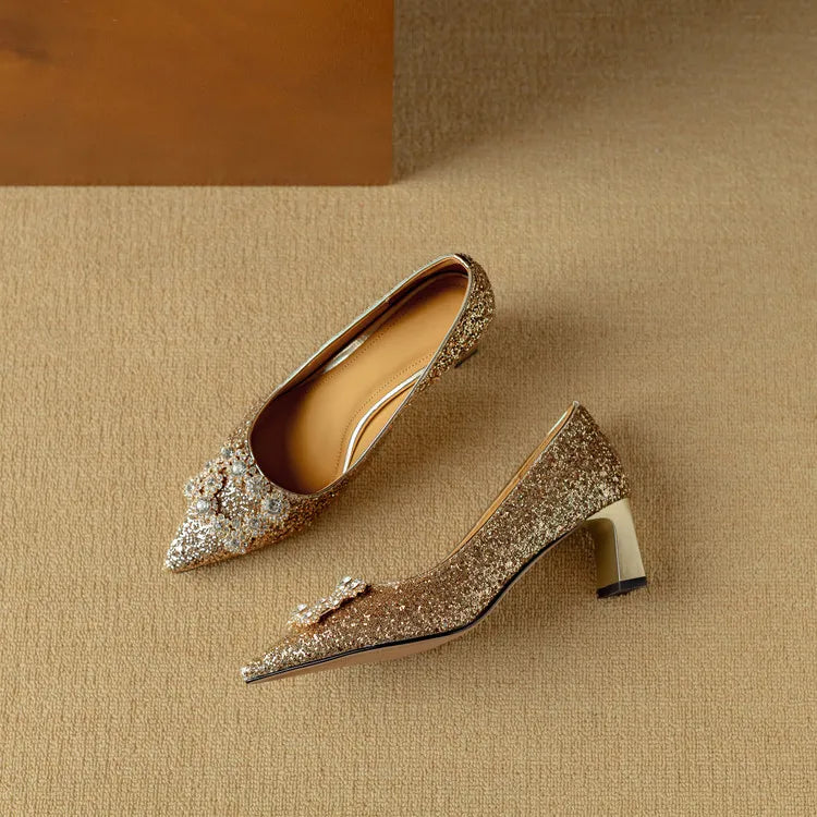 Pointed Toe Glitter Rhinestone Buckle Block Heel Pumps