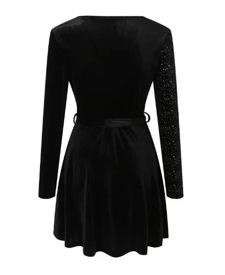 Velvet Sparkle Wrap V-Neck Long Sleeve Tie Waist Mini Dress 3