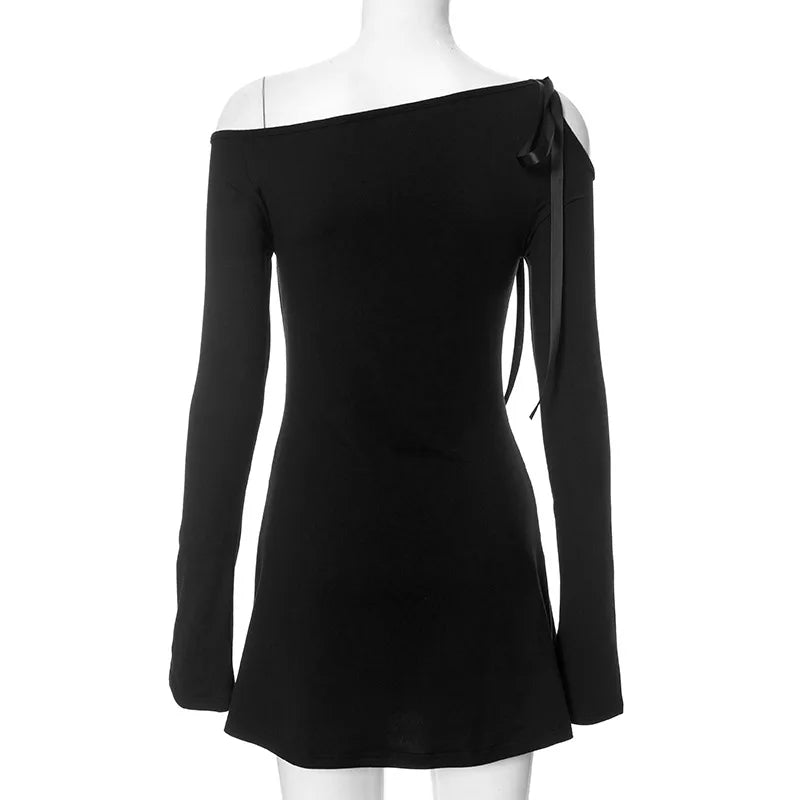 Off Shoulder Long Sleeve Cold Shoulder Ribbon Tie Mini Dress 13
