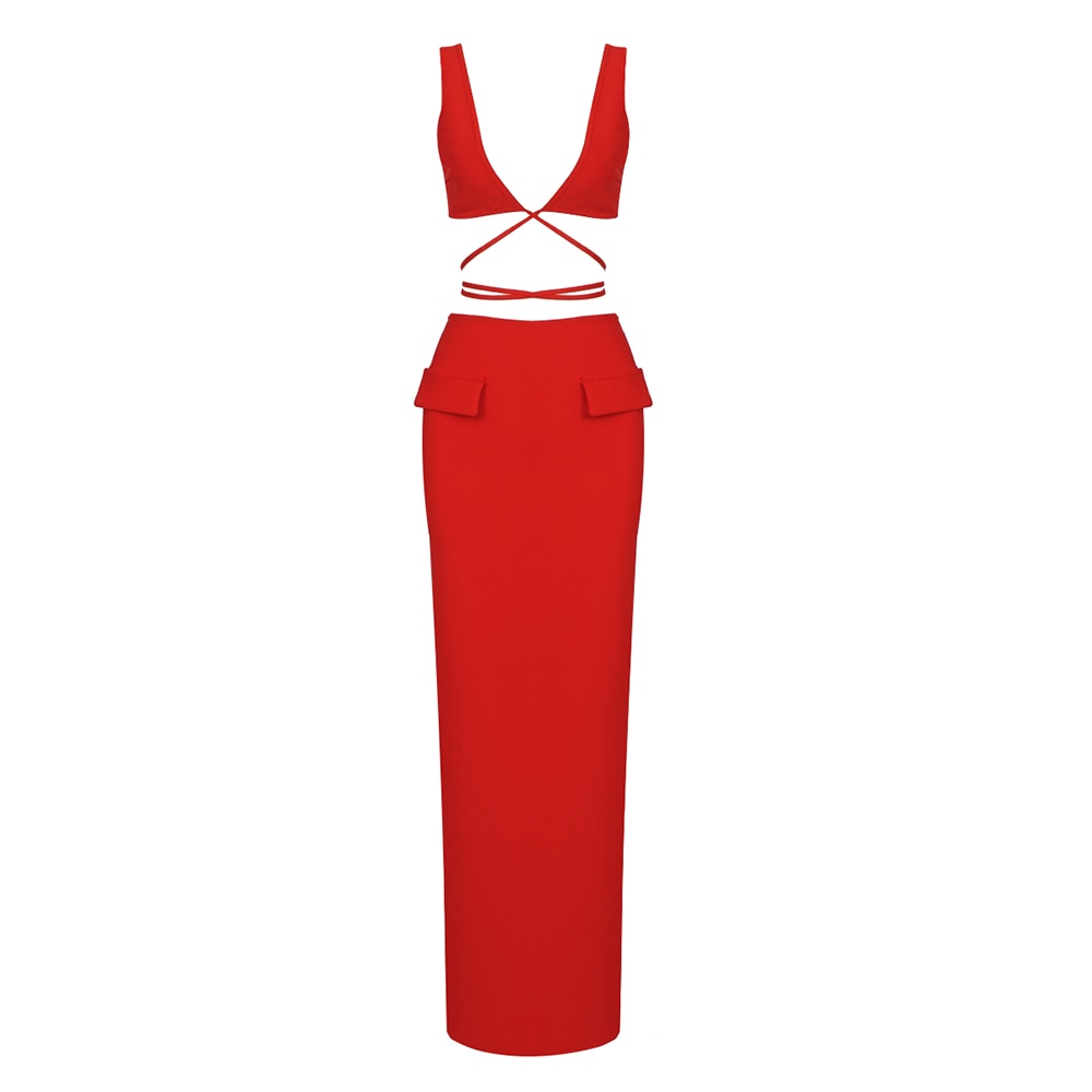 Deep V-Neck Wrap Tie Crop Top and Maxi Skirt Two Piece Set 30
