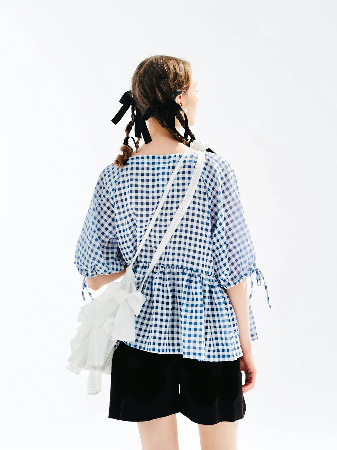 Plaid Laceup Short Sleeve Tshirt Blouse