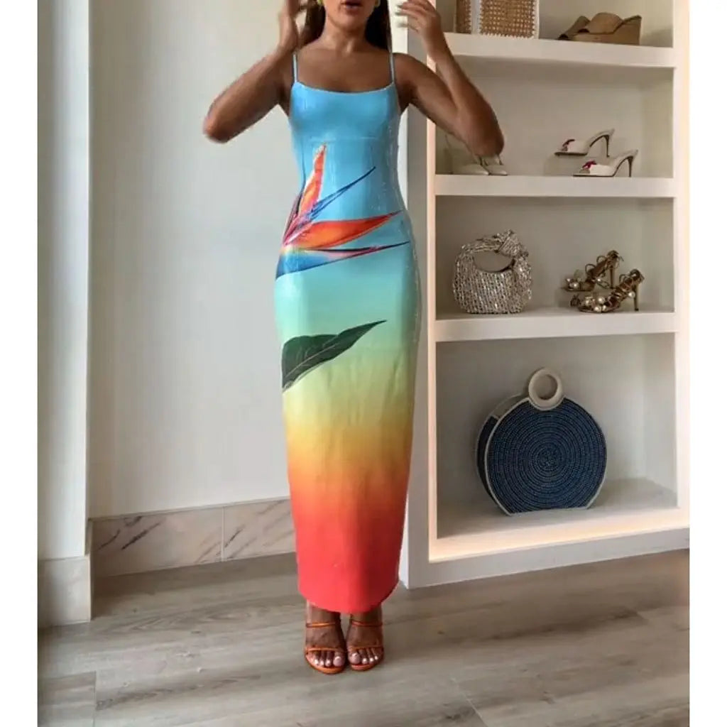 Tropical Floral Print Spaghetti Strap Bodycon Maxi Dress