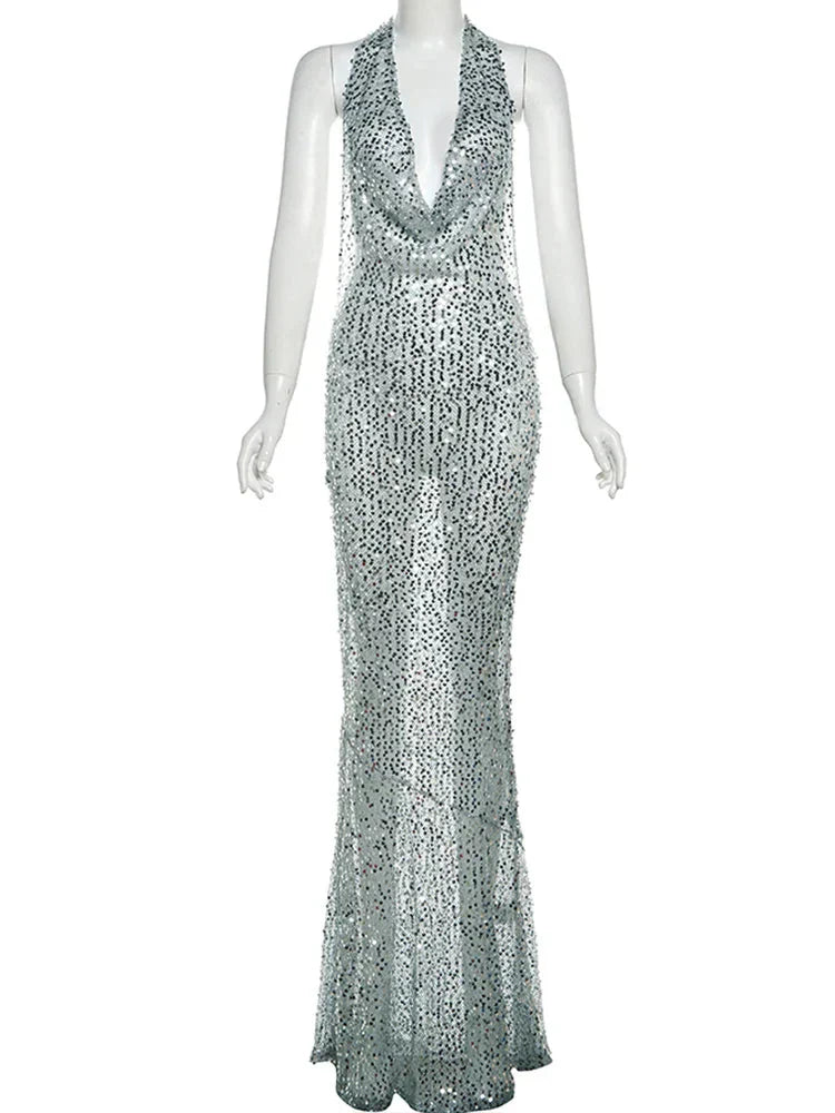 Sequin Halter Neck Deep V-Neck Backless Mermaid Maxi Dress