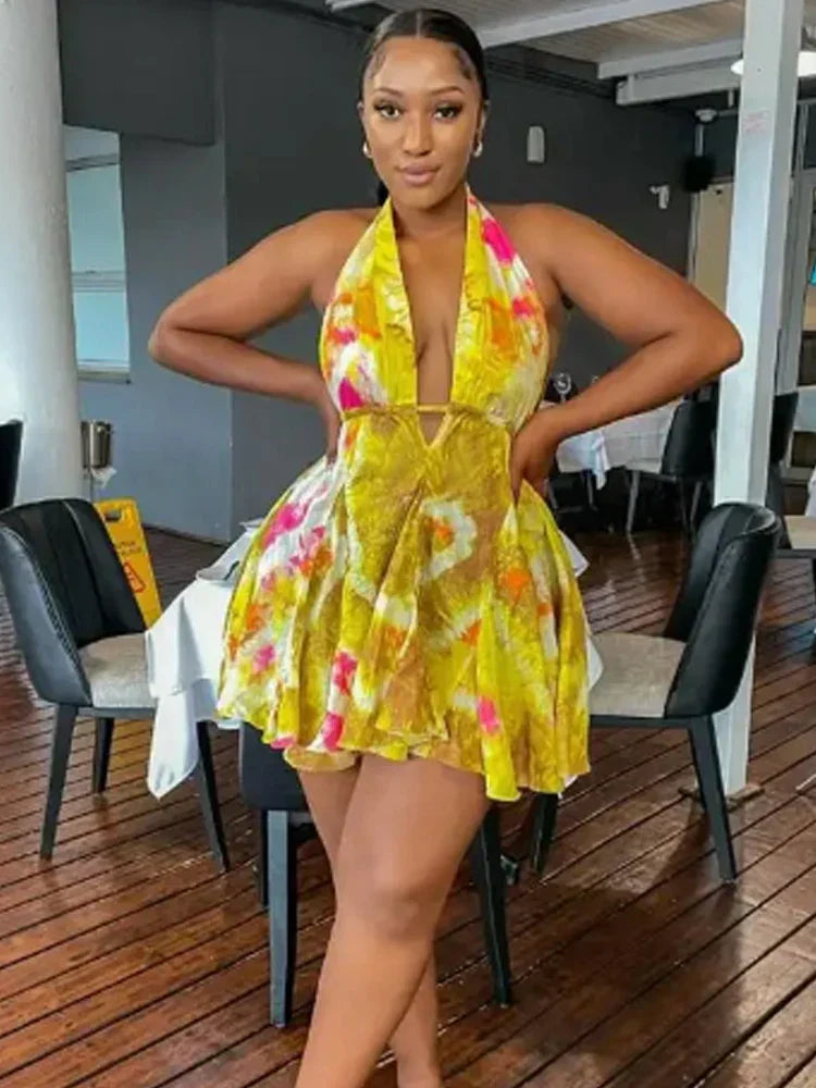 Halter Tie Dye Ruffle Hem Bandage Mini Dress