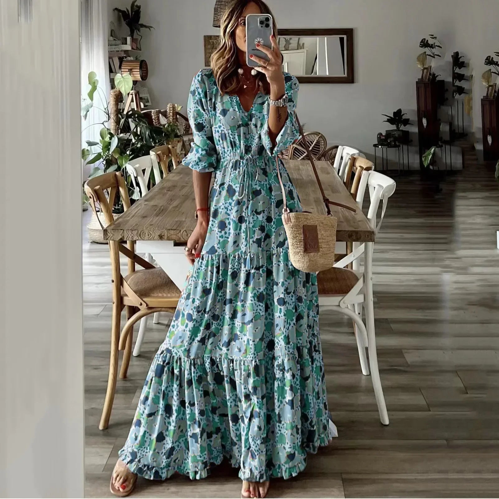 Printed Lace Up Swing Maxi Dress - View 2