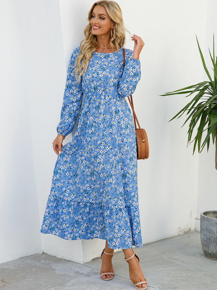 Floral Print Round Neck Long Sleeve Elastic Waist Ruffle Hem Maxi Dress 9