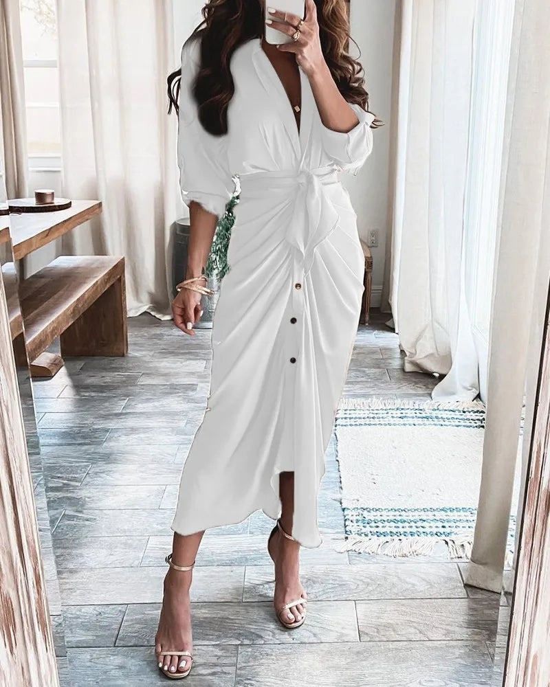 Button Ruched Printed Casual Short Sleeve Work Dress