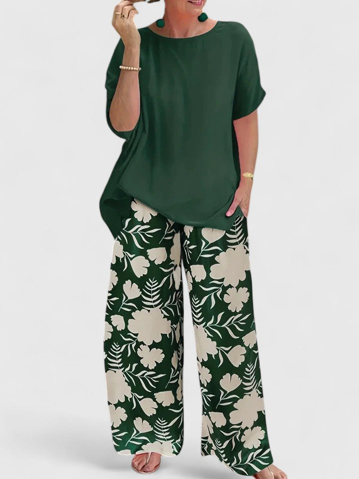 Round Neck Short Sleeve Top and Floral Print Wide Leg Pants Two Piece Set