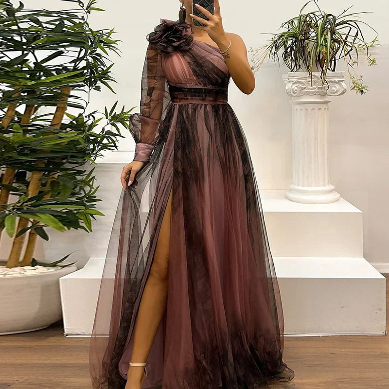 Judith - Trendy One Shoulder Mesh Print Maxi Dress Pale Pink