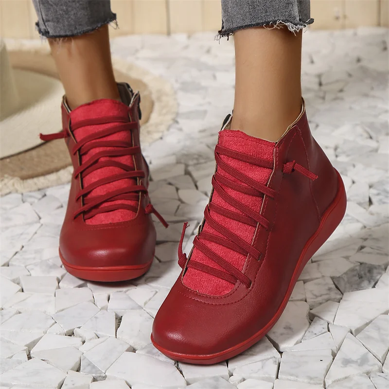 Lace Up Side Zip Flat Ankle Boots