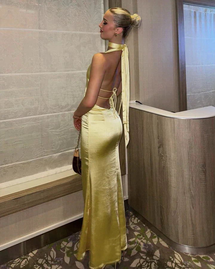 Satin Halter Neck Choker Deep V-Neck Bodycon Maxi Gown
