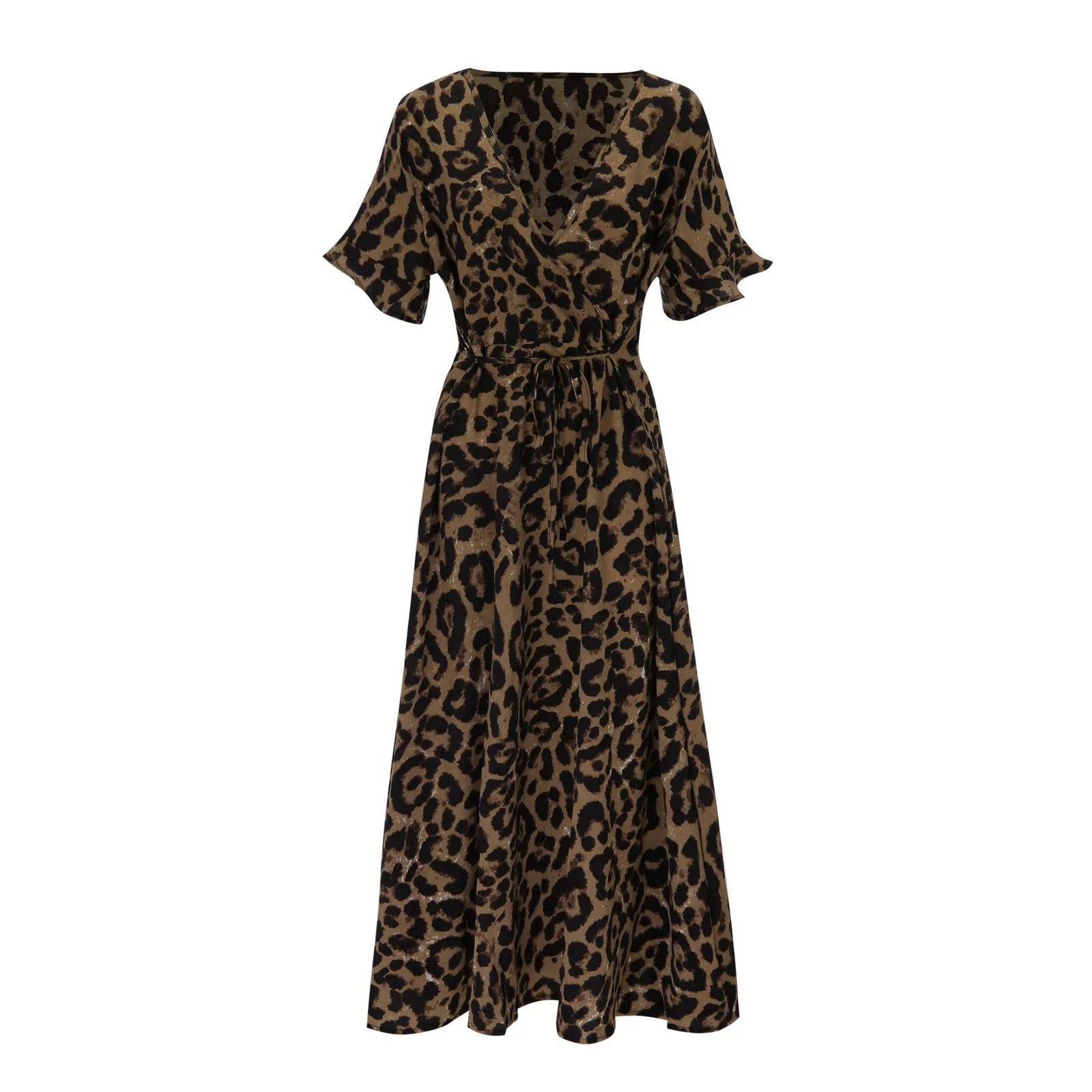 Leopard Deep V-Neck Short Sleeve Wrap A-Line Maxi Dress