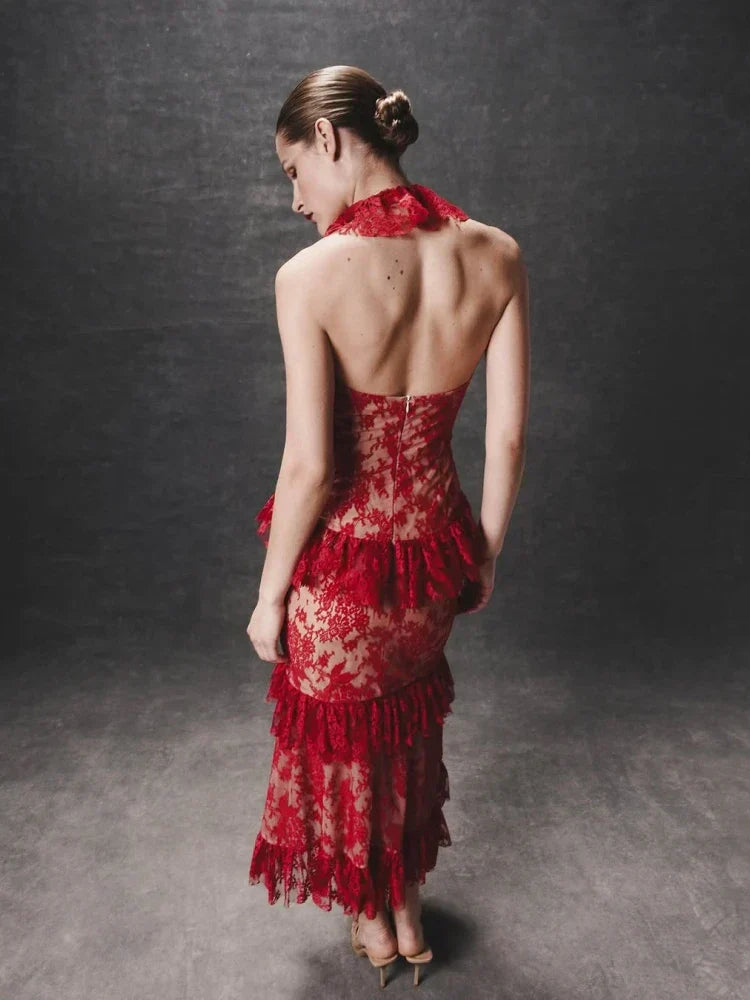 Floral Lace Halter Neck Ruffle Tiered Midi Dress
