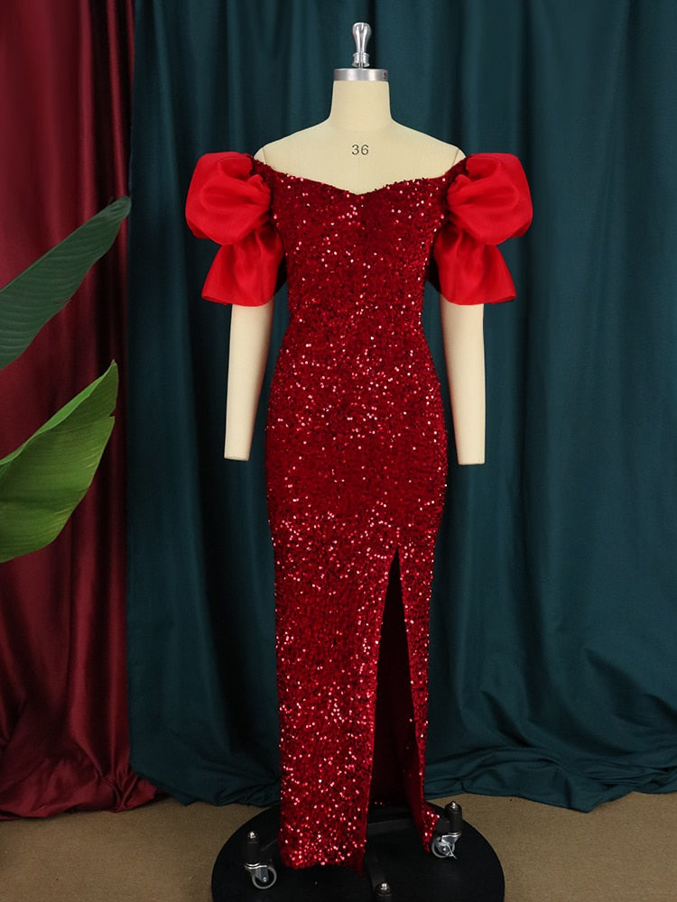 Sequin Off Shoulder Puff Sleeve V-Neck High Split Mermaid Gown