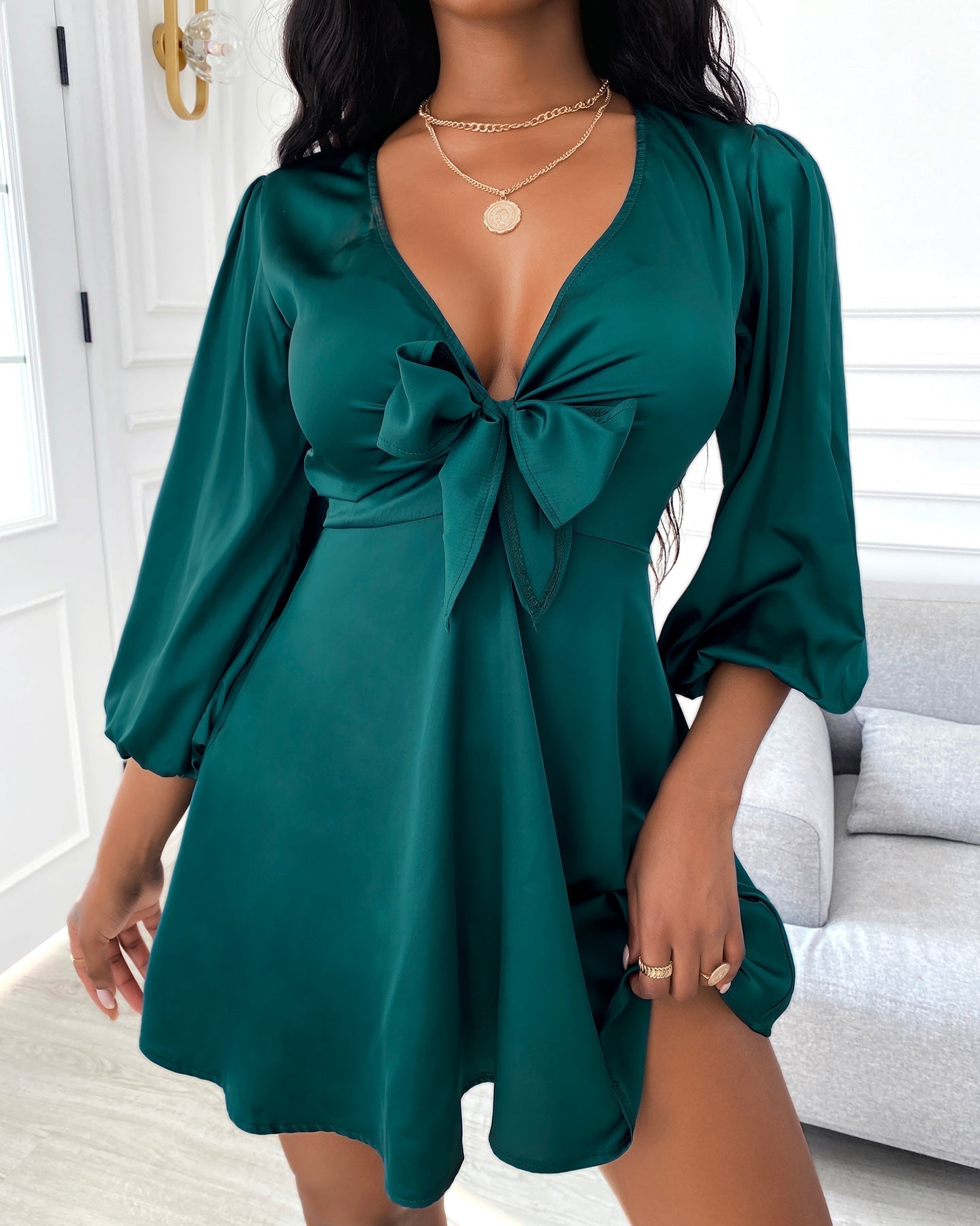 Orietta Green Satin Dress with Bow for Women Party Night Style