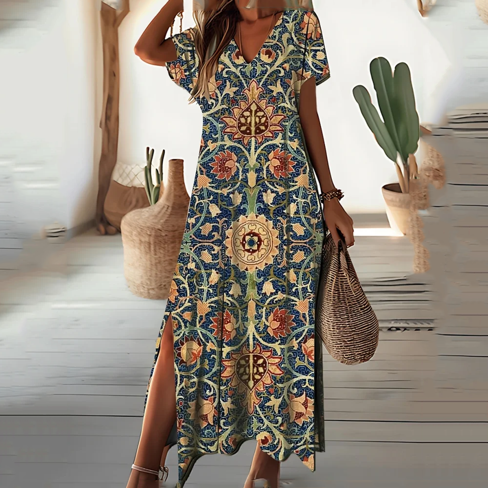 Boho Print V-Neck Short Sleeve High Split Maxi Dress
