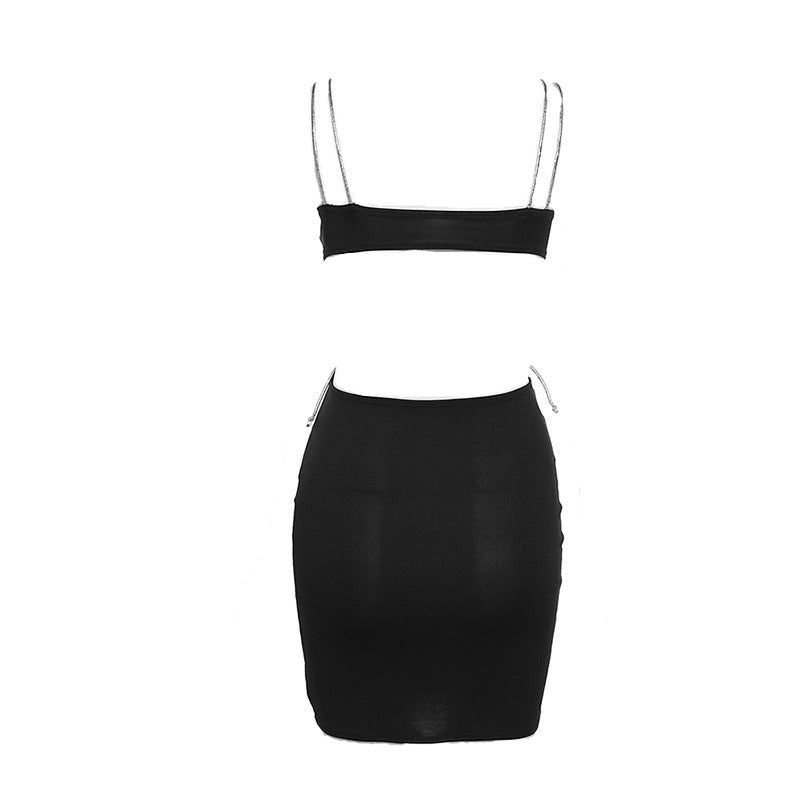 Rhinestone Spaghetti Strap Deep V-Neck Keyhole Cut Out Waist Tie Bodycon Mini Dress