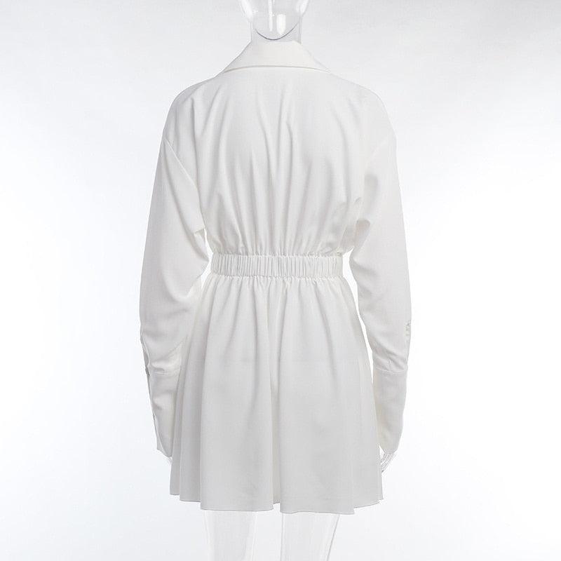 Deep V-Neck Shirt Collar Ruched Waist Bell Sleeve Mini Dress