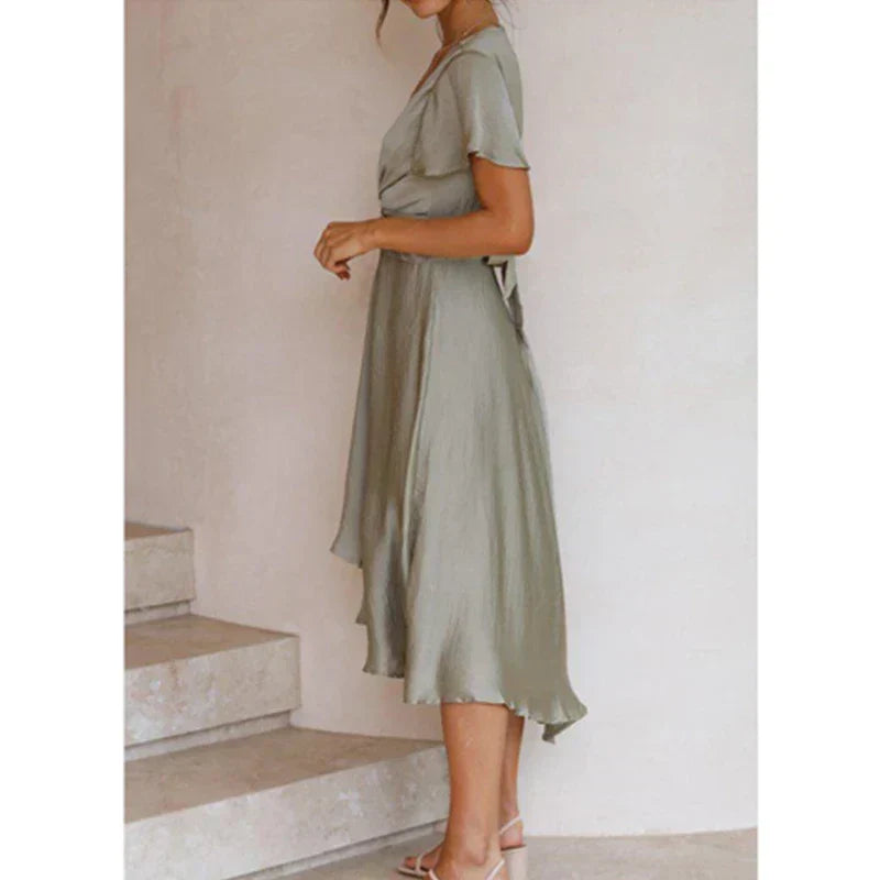 Deep V-Neck Tie Front Knot Flutter Sleeve Wrap Effect High Split Midi Summer Dress