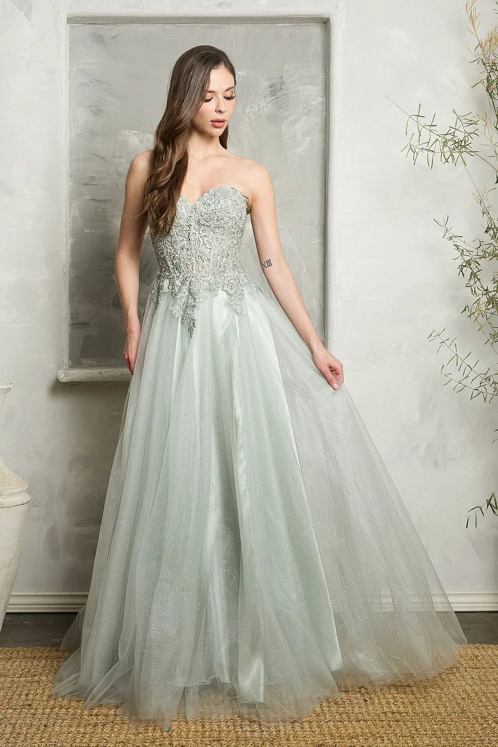 Lace Strapless Sweetheart High Split Tulle A-Line Gown
