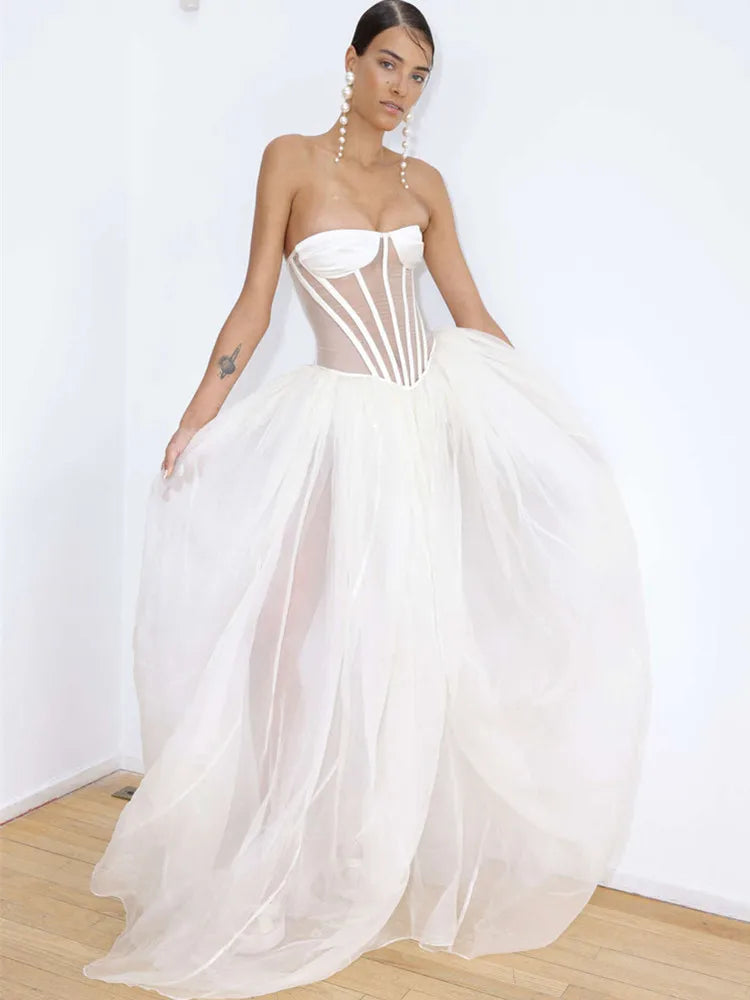 Strapless Mesh White A Line Maxi Long Dress - View 5