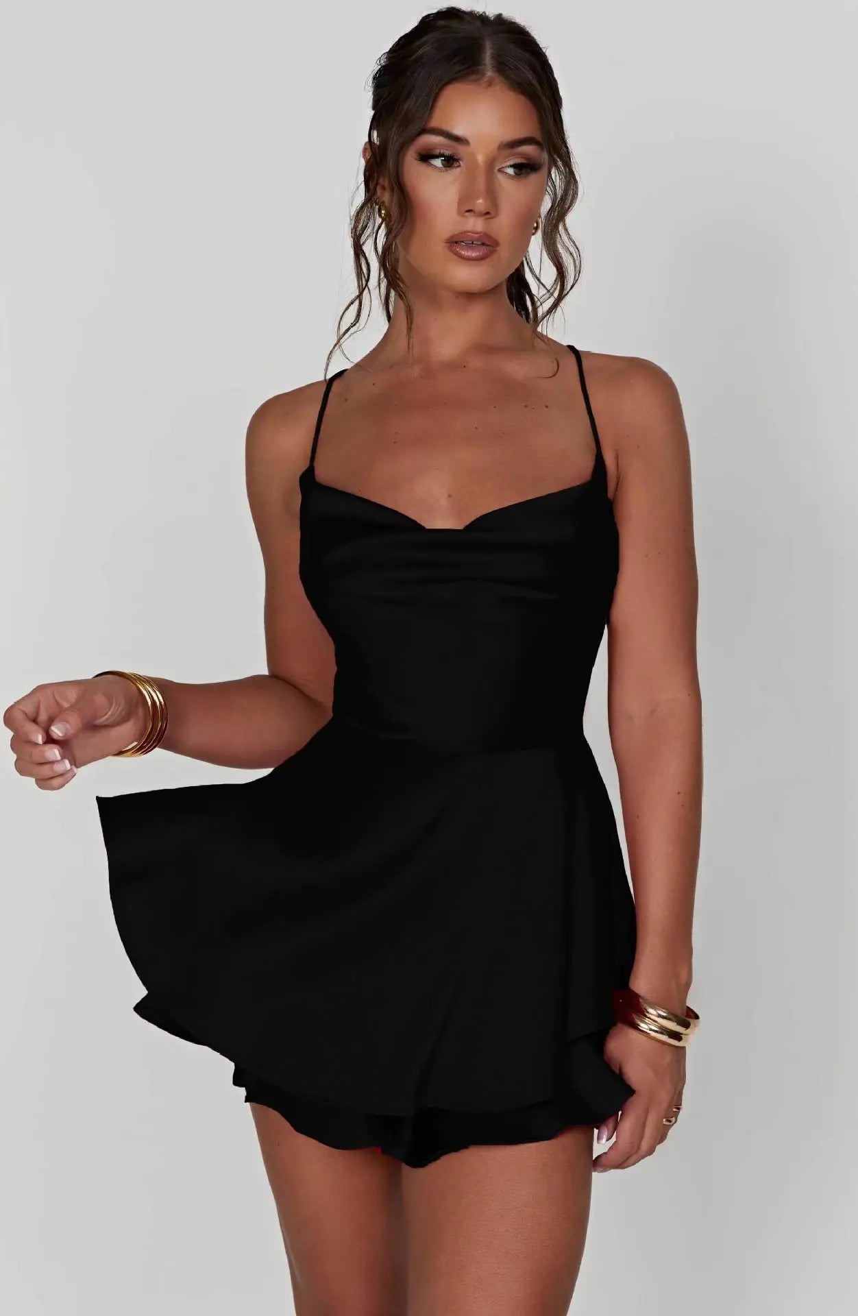 Satin Cowl Neck Spaghetti Strap Tiered Ruffle Flared Mini Dress