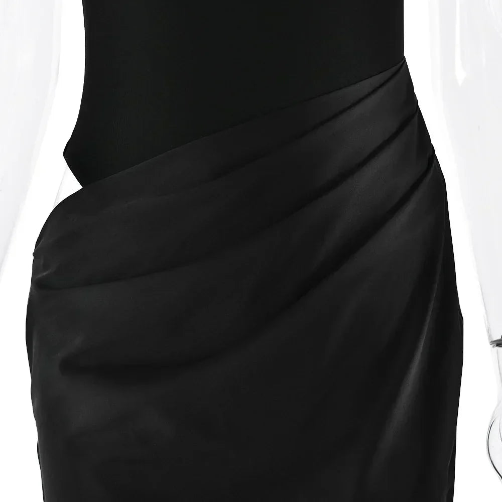 Halter Neck Sleeveless Ribbed Bodice Draped Waist Satin Maxi Gown