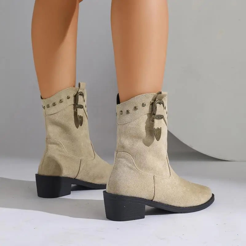 Suede Look Studded Buckle Western Block Heel Ankle Boots