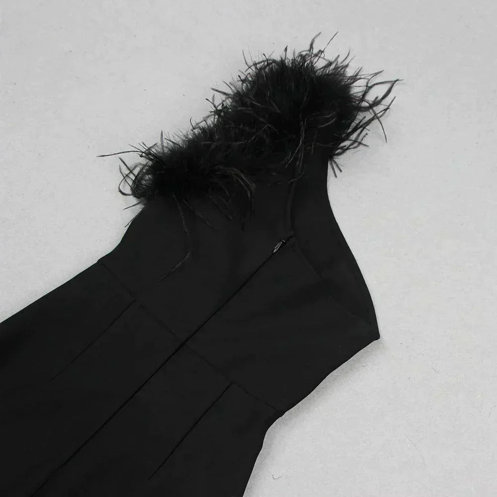 Dainty In The Dark Elegant One Shoulder Feather Maxi Dress