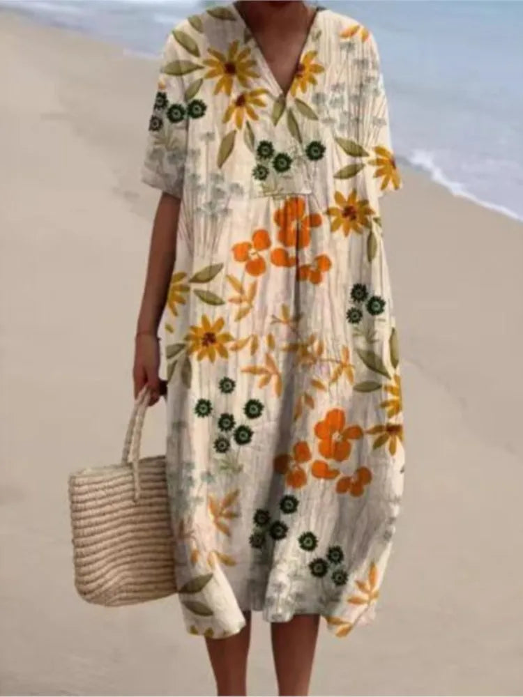 Ramona Statement Floral Print Cotton and Linen Dress Boutique Collection