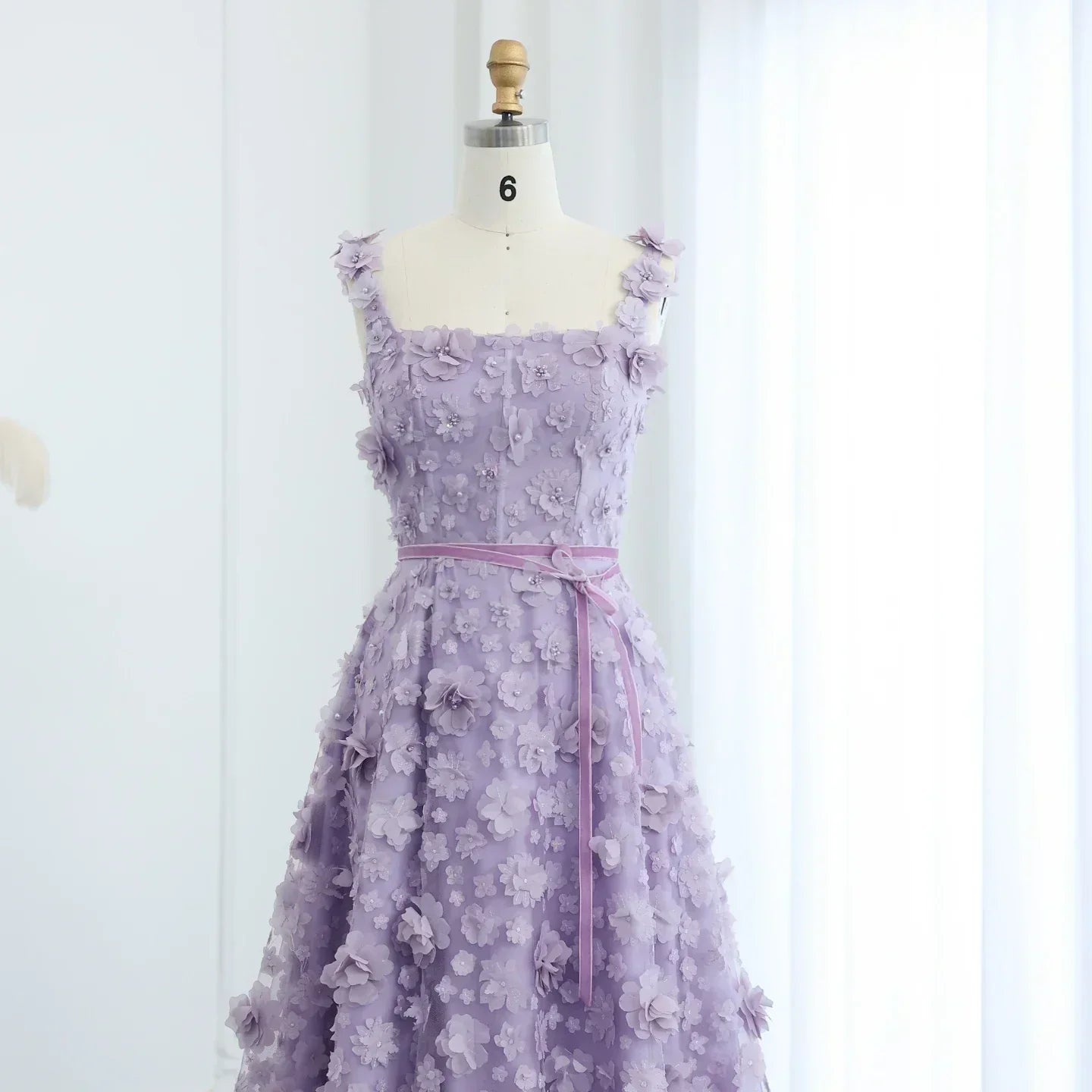 3D Floral Applique Square Neck High Split Tulle A-Line Gown