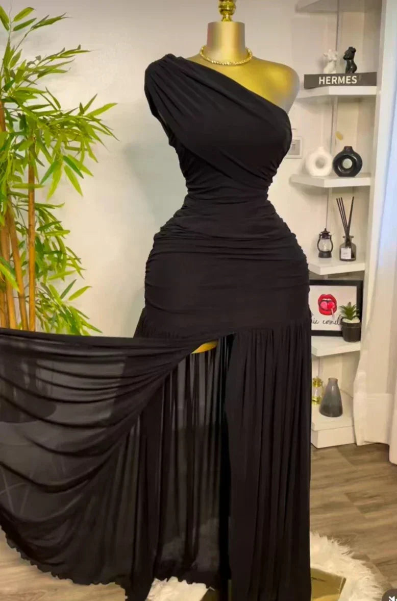 One Shoulder Ruched Mesh Drop Waist Pleated Maxi Dress 5