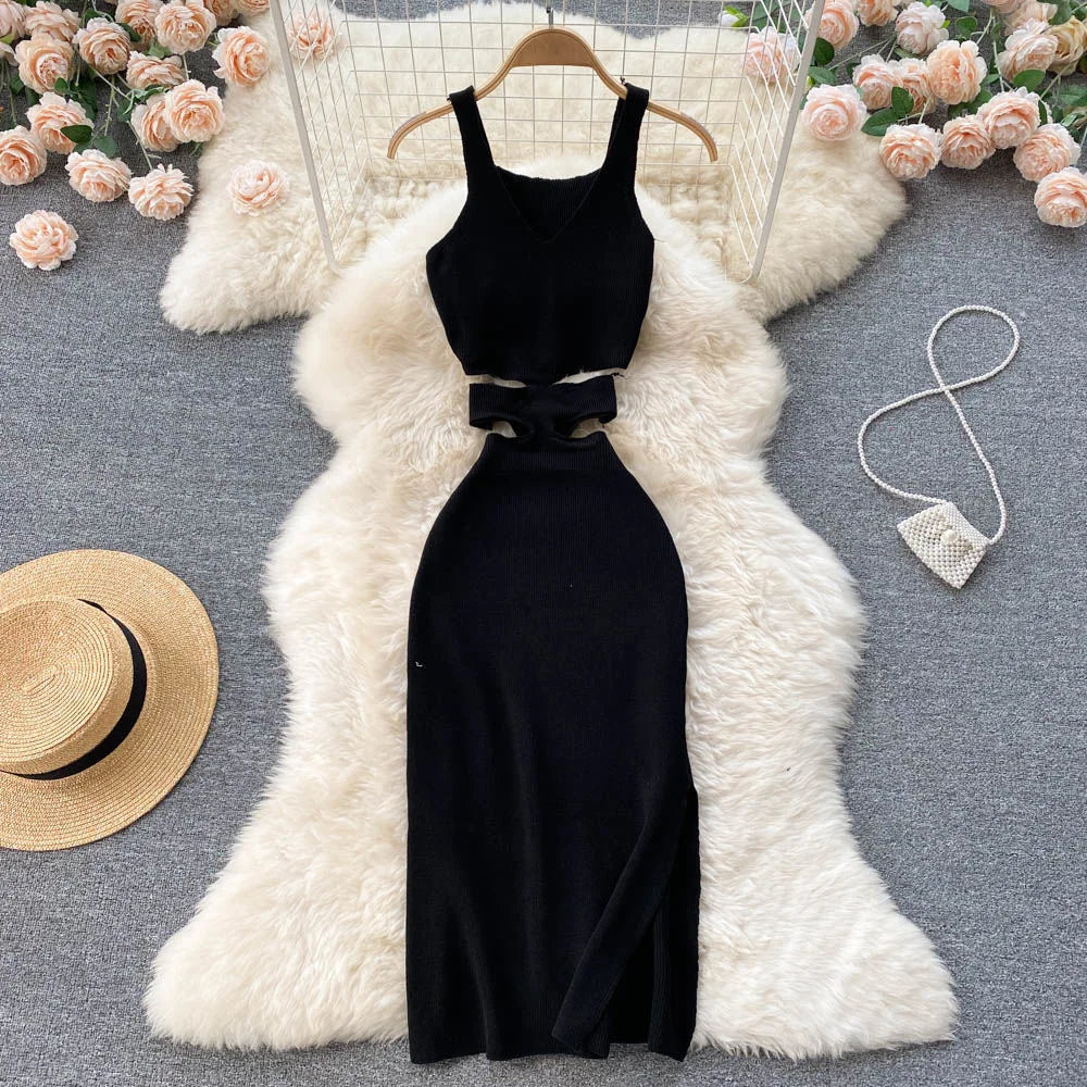 Rib Knit Deep V-Neck Waist Cut Out Side Slit Bodycon Midi Dress