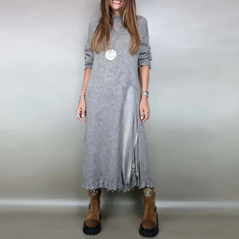 Knit High Neck Long Sleeve High Split Maxi Two Piece Set 7