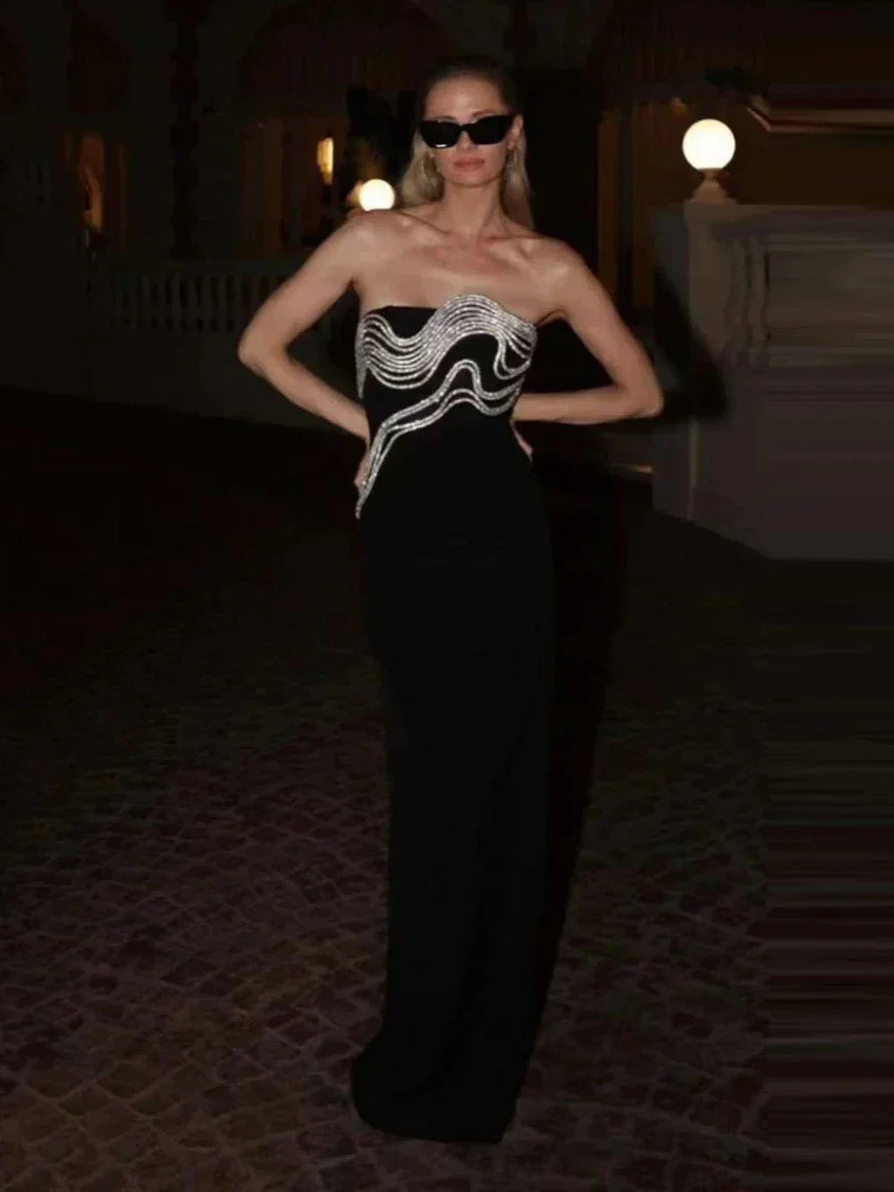 Strapless Rhinestone Wave Trim Bodycon Column Maxi Dress