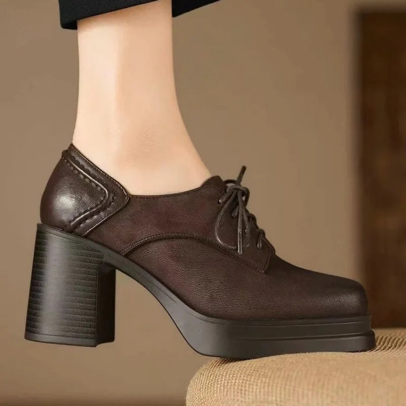 Lace Up Square Toe Platform Block Heel Pumps