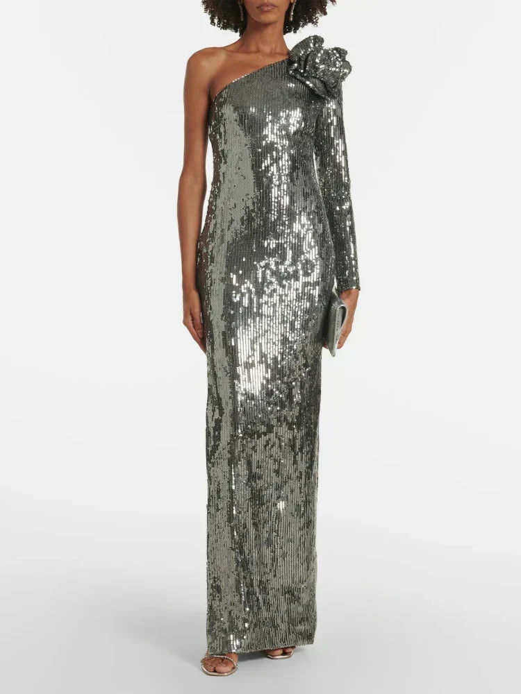 Sequin One Shoulder Long Sleeve Rosette Bodycon Maxi Dress