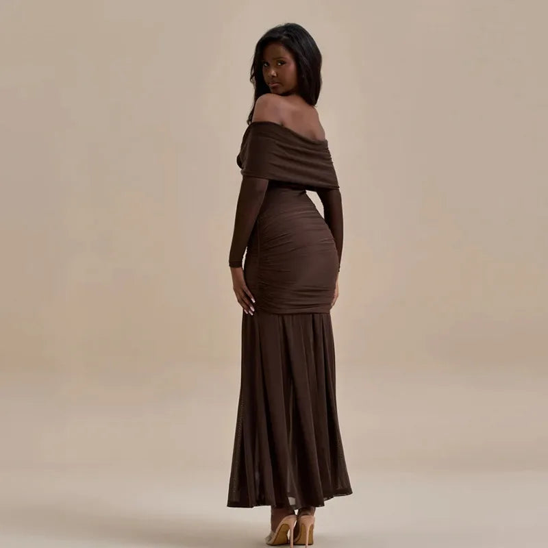 Off Shoulder Long Sleeve Rosette Mermaid Gown