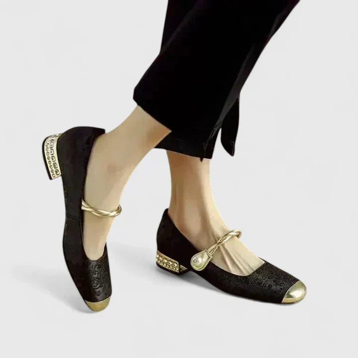 Square Toe Metallic Cap Twist Strap Mary Jane Flats